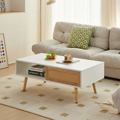 Bellemave® 41.34" Rattan Coffee table, Sliding Door For Storage, Solid Wood Legs - Bellemave