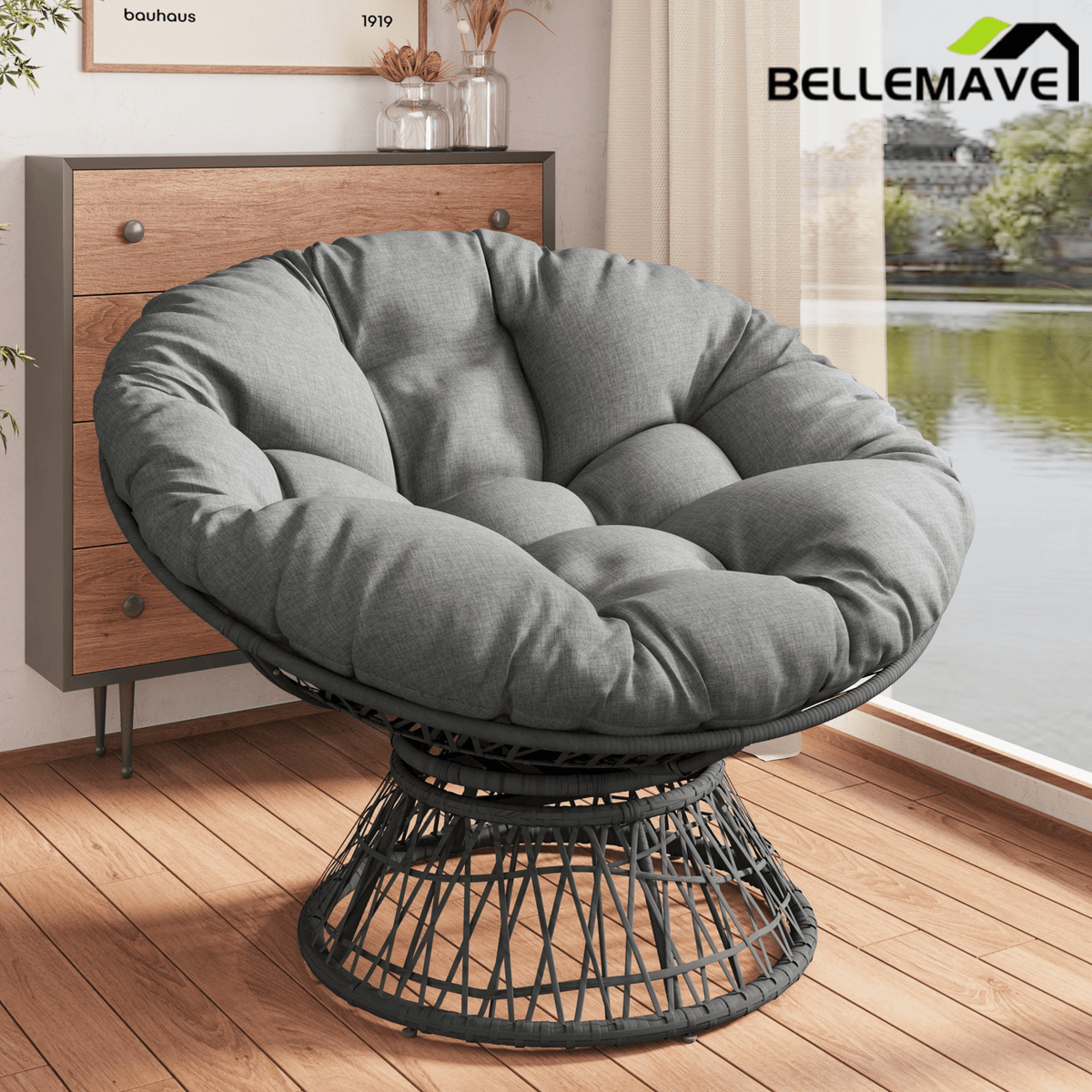 Bellemave® 41.5" Ergonomic PE Rattan Wicker Accent Chair with Cushion Modern Reading Chair with Iron Frame Leisure Lounge Chair 360° Swivel Chair Indoor Papasan Chair (Beige + Brown) - Bellemave