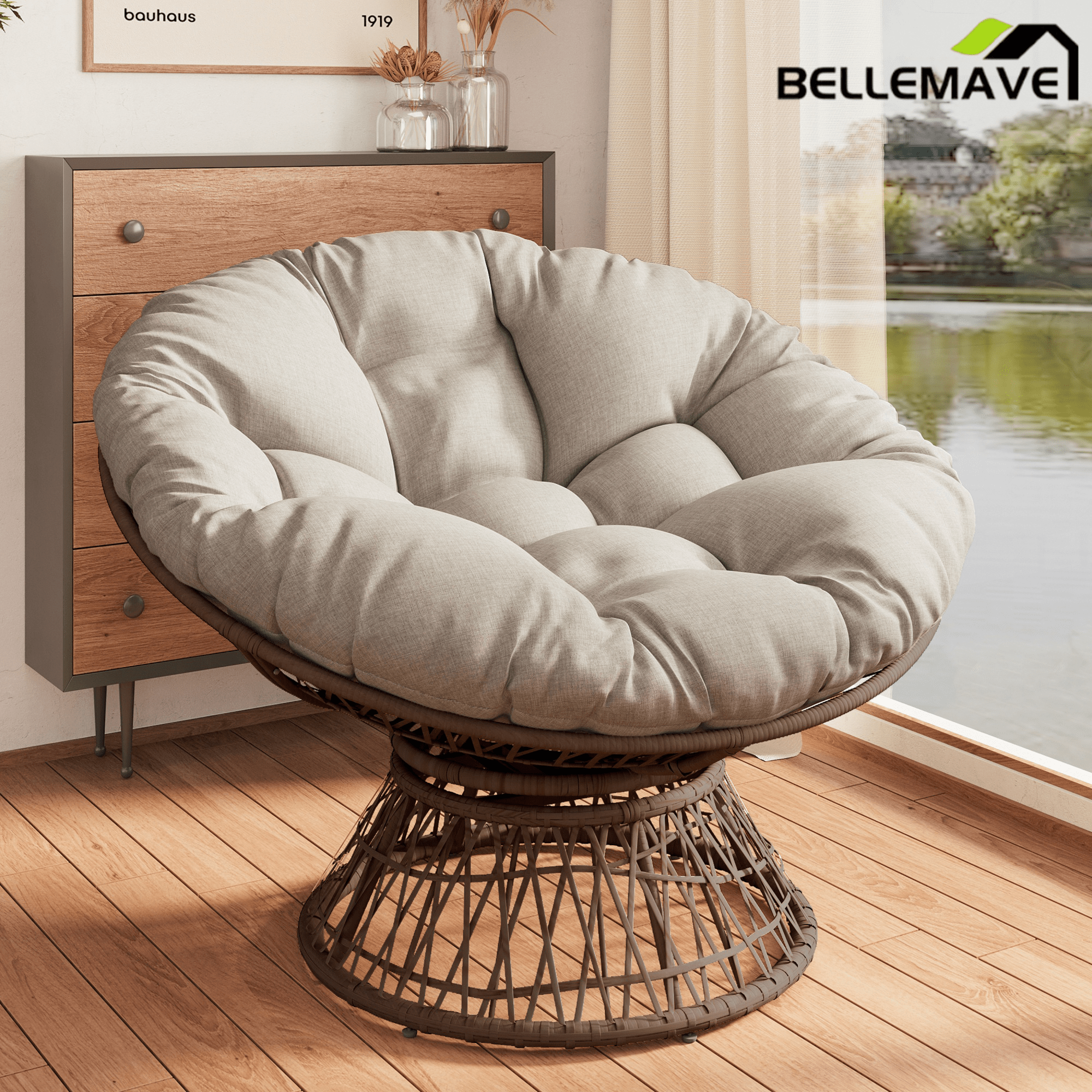 Bellemave® 41.5" Ergonomic PE Rattan Wicker Accent Chair with Cushion Modern Reading Chair with Iron Frame Leisure Lounge Chair 360° Swivel Chair Indoor Papasan Chair (Beige + Brown) - Bellemave