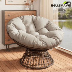 Bellemave® 41.5" Ergonomic PE Rattan Wicker Accent Chair with Cushion Modern Reading Chair with Iron Frame Leisure Lounge Chair 360° Swivel Chair Indoor Papasan Chair (Beige + Brown) - Bellemave