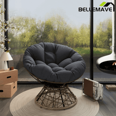 Bellemave® 41.5" Ergonomic PE Rattan Wicker Accent Chair with Cushion Modern Reading Chair with Iron Frame Leisure Lounge Chair 360° Swivel Chair Indoor Papasan Chair (Beige + Brown) - Bellemave