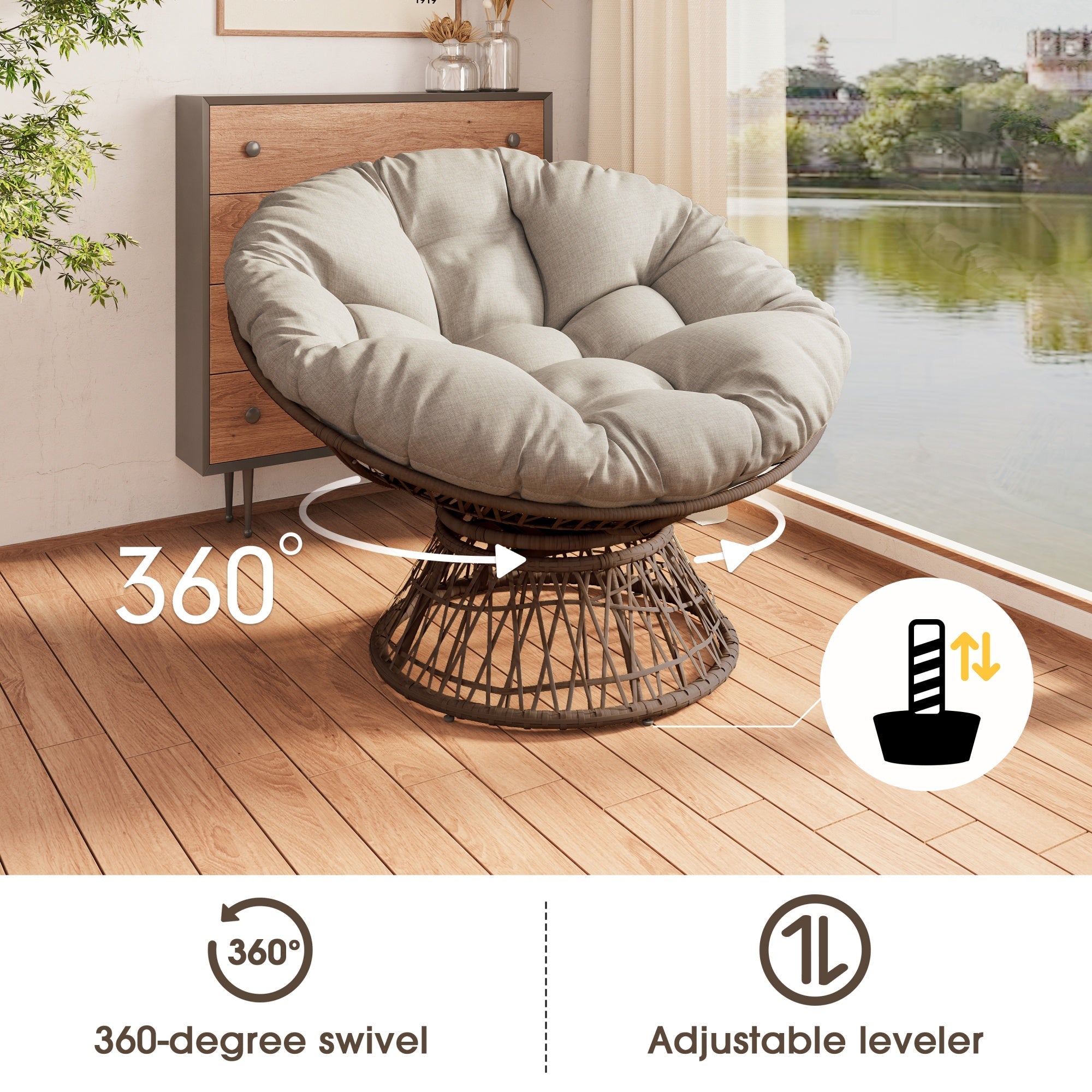 Bellemave® 41.5" Ergonomic PE Rattan Wicker Accent Chair with Cushion Modern Reading Chair with Iron Frame Leisure Lounge Chair 360° Swivel Chair Indoor Papasan Chair (Beige + Brown) - Bellemave
