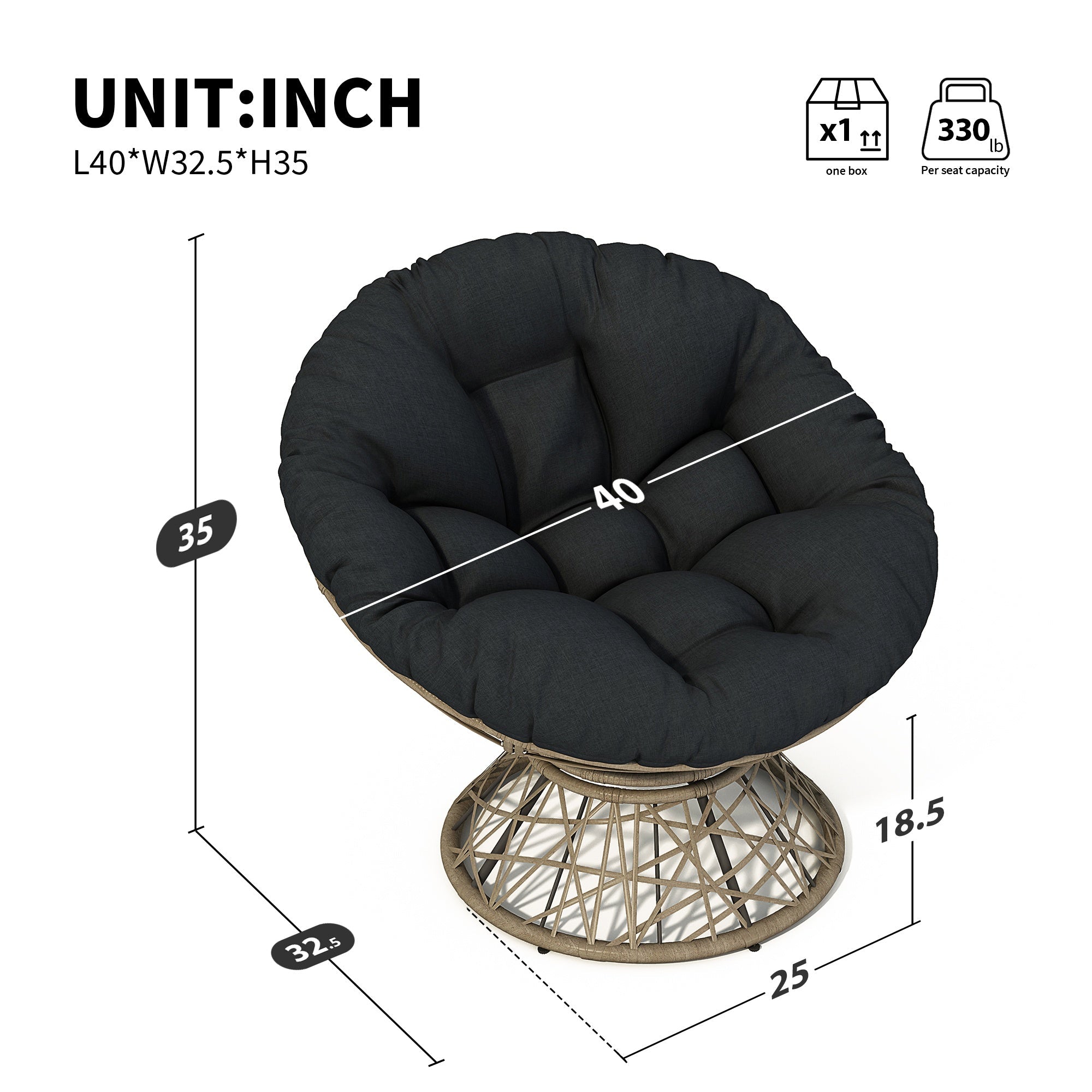 Bellemave® 41.5" Ergonomic PE Rattan Wicker Accent Chair with Cushion Modern Reading Chair with Iron Frame Leisure Lounge Chair 360° Swivel Chair Indoor Papasan Chair (Beige + Brown) - Bellemave