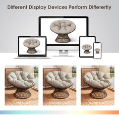 Bellemave® 41.5" Ergonomic PE Rattan Wicker Accent Chair with Cushion Modern Reading Chair with Iron Frame Leisure Lounge Chair 360° Swivel Chair Indoor Papasan Chair (Beige + Brown) - Bellemave