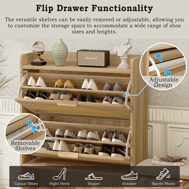 Bellemave® 47.2" Shoe Storage Cabinet Rattan With 2 Flip Drawers, Storage Drawer and Bench - Bellemave