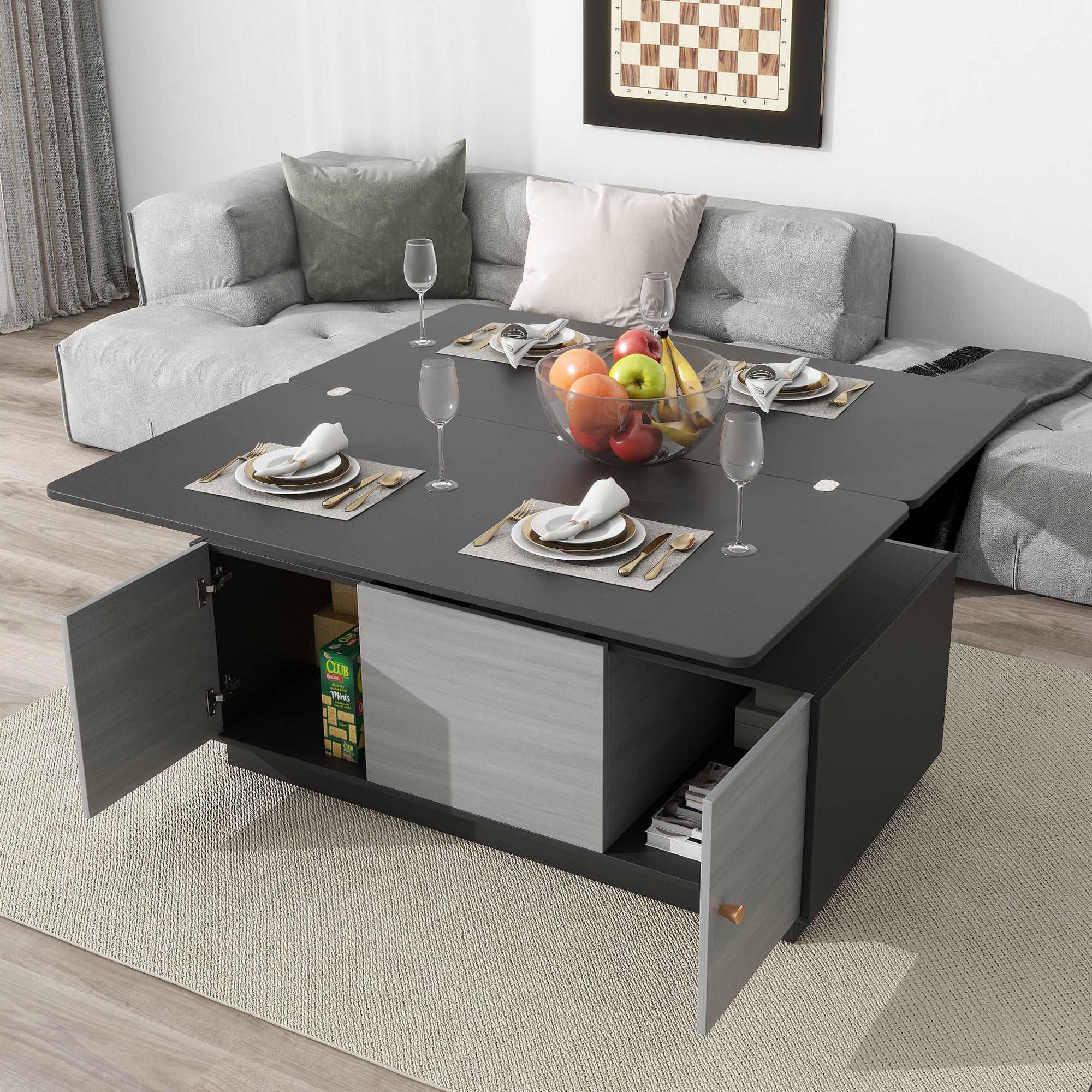 Bellemave® 47.24" Modern Gray Multi - functional Rectangle Lift - top Coffee Table Extendable with Storage - Bellemave