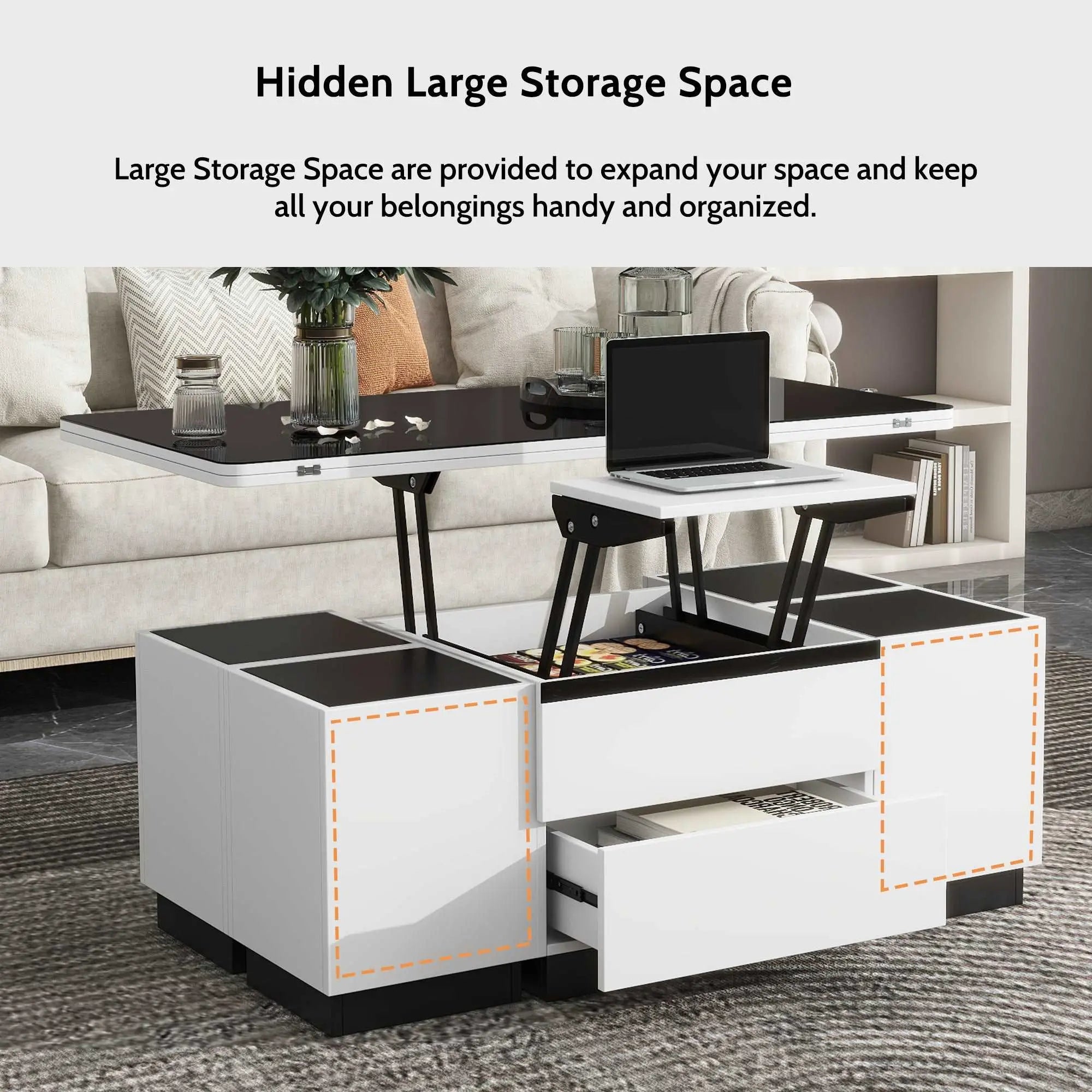 Bellemave® 47.24" Modern White Lift Top Glass Coffee Table with Drawers & Storage Multifunction Table - Bellemave