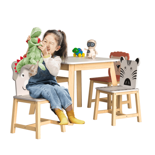 Bellemave® 5 Piece Cartoon Animals Kids Wood Table with 4 Chairs Set - Bellemave