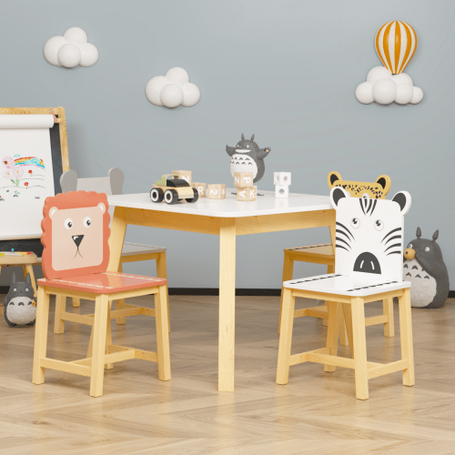 Bellemave® 5 Piece Cartoon Animals Kids Wood Table with 4 Chairs Set - Bellemave