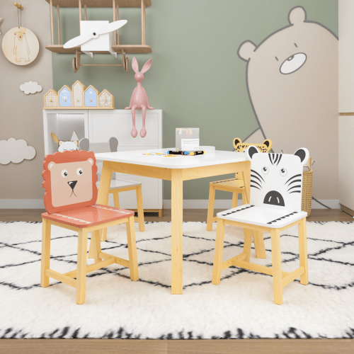 Bellemave® 5 Piece Cartoon Animals Kids Wood Table with 4 Chairs Set - Bellemave