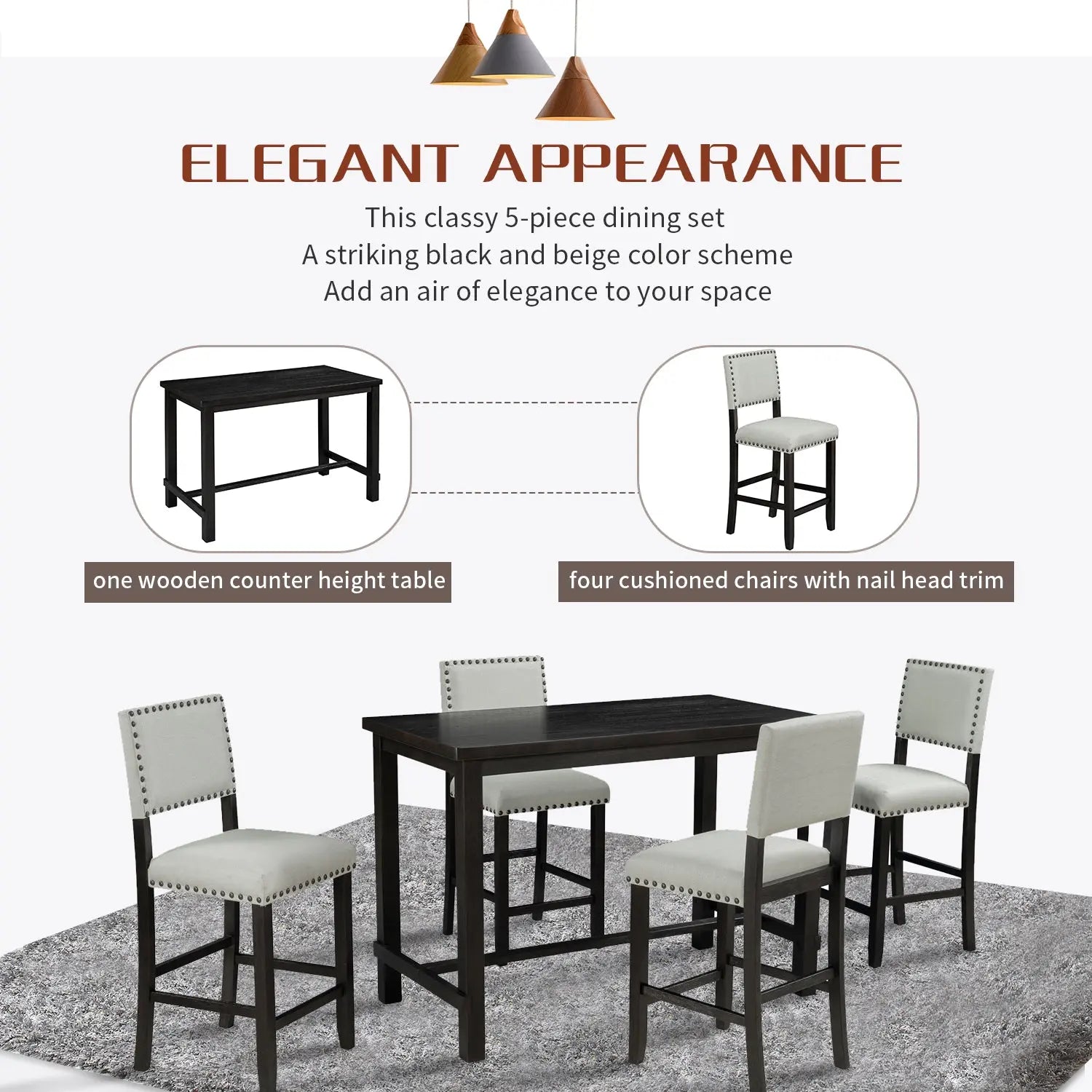 Bellemave® 5 - Piece Counter Height Dining Set, Classic Elegant Table and 4 Chairs - Bellemave