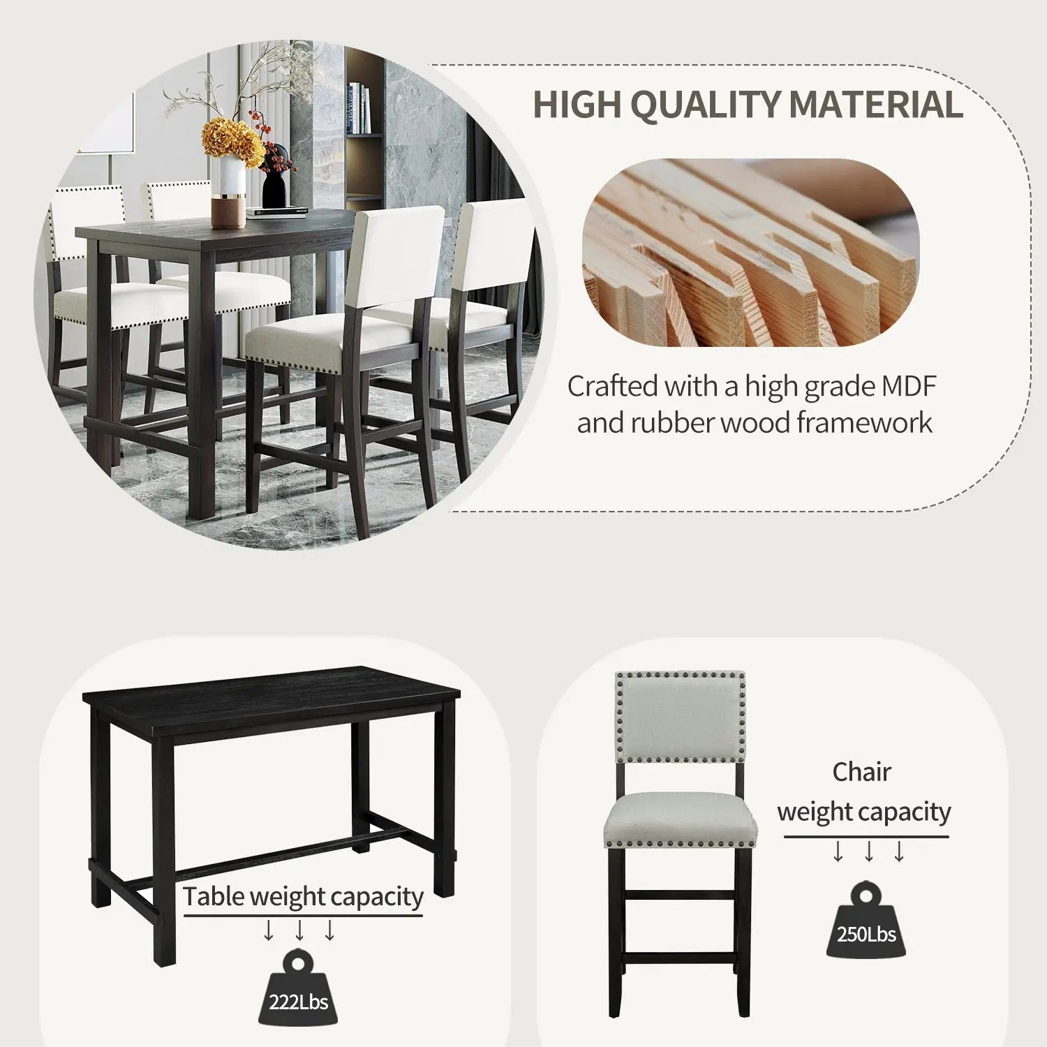 Bellemave® 5 - Piece Counter Height Dining Set, Classic Elegant Table and 4 Chairs - Bellemave