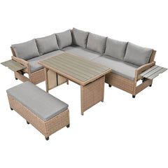 Bellemave® 5 - Piece Outdoor Patio Rattan Sofa Set with 2 Extendable Side Tables, Dining Table and Washable Covers - Bellemave