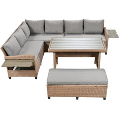 Bellemave® 5 - Piece Outdoor Patio Rattan Sofa Set with 2 Extendable Side Tables, Dining Table and Washable Covers - Bellemave