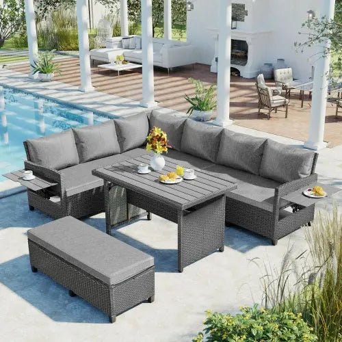 Bellemave® 5 - Piece Outdoor Patio Rattan Sofa Set with 2 Extendable Side Tables, Dining Table and Washable Covers - Bellemave