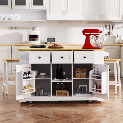 Bellemave® 53" Large Kitchen Island on 5 Wheels with Drop Leaf, Power Outlet, Door Internal Storage Rack, 5 Open Side Racks, 3 Drawers - Bellemave