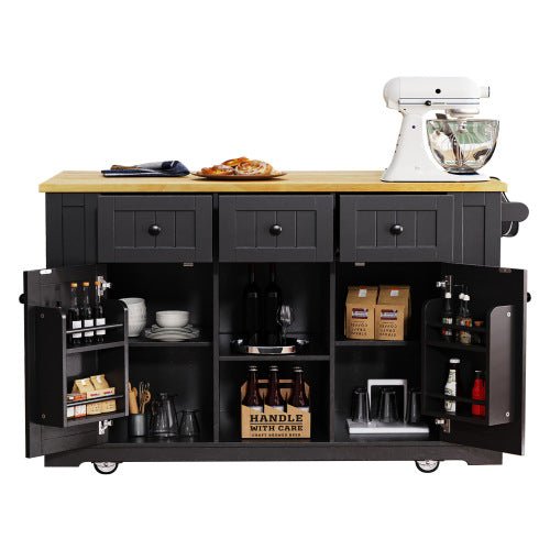 Bellemave® 53" Large Kitchen Island on 5 Wheels with Drop Leaf, Power Outlet, Door Internal Storage Rack, 5 Open Side Racks, 3 Drawers - Bellemave