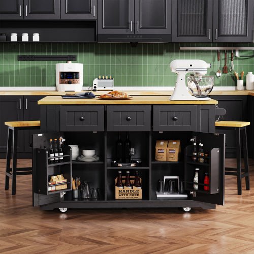 Bellemave® 53" Large Kitchen Island on 5 Wheels with Drop Leaf, Power Outlet, Door Internal Storage Rack, 5 Open Side Racks, 3 Drawers - Bellemave