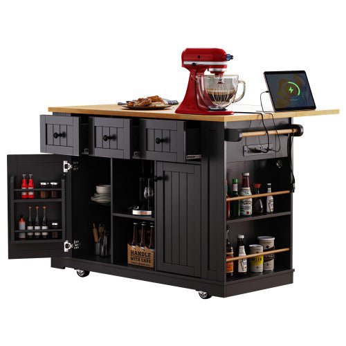 Bellemave® 53" Large Kitchen Island on 5 Wheels with Drop Leaf, Power Outlet, Door Internal Storage Rack, 5 Open Side Racks, 3 Drawers - Bellemave