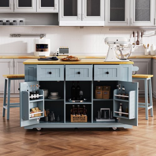 Bellemave® 53" Large Kitchen Island on 5 Wheels with Drop Leaf, Power Outlet, Door Internal Storage Rack, 5 Open Side Racks, 3 Drawers - Bellemave