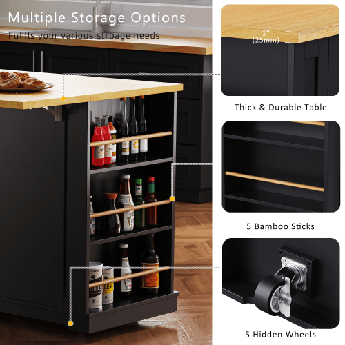 Bellemave® 53" Large Kitchen Island on 5 Wheels with Drop Leaf, Power Outlet, Door Internal Storage Rack, 5 Open Side Racks, 3 Drawers - Bellemave