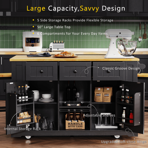 Bellemave® 53" Large Kitchen Island on 5 Wheels with Drop Leaf, Power Outlet, Door Internal Storage Rack, 5 Open Side Racks, 3 Drawers - Bellemave