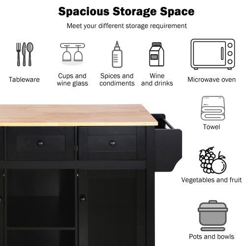 Bellemave® 53.1" Kitchen Cart with Rubber Wood Drop - Leaf Countertop ,Cabinet door internal storage racks,Storage Cabinet and 3 Drawers - Bellemave