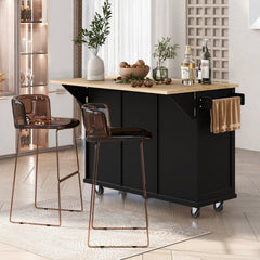 Bellemave® 53.1" Kitchen Cart with Rubber Wood Drop - Leaf Countertop ,Cabinet door internal storage racks,Storage Cabinet and 3 Drawers - Bellemave