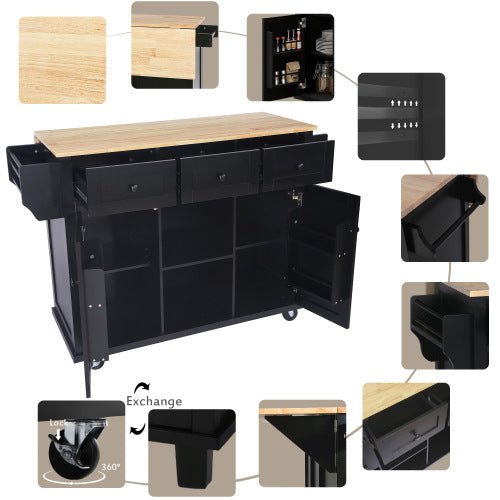 Bellemave® 53.1" Kitchen Cart with Rubber Wood Drop - Leaf Countertop ,Cabinet door internal storage racks,Storage Cabinet and 3 Drawers - Bellemave