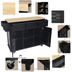 Bellemave® 53.1" Kitchen Cart with Rubber Wood Drop - Leaf Countertop ,Cabinet door internal storage racks,Storage Cabinet and 3 Drawers - Bellemave