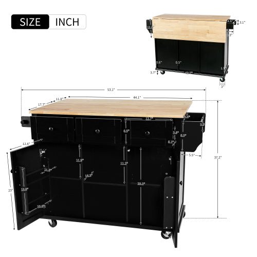 Bellemave® 53.1" Kitchen Cart with Rubber Wood Drop - Leaf Countertop ,Cabinet door internal storage racks,Storage Cabinet and 3 Drawers - Bellemave
