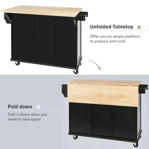 Bellemave® 53.1" Kitchen Cart with Rubber Wood Drop - Leaf Countertop ,Cabinet door internal storage racks,Storage Cabinet and 3 Drawers - Bellemave