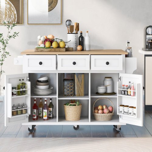 Bellemave® 53.1" Kitchen Cart with Rubber Wood Drop - Leaf Countertop ,Cabinet door internal storage racks,Storage Cabinet and 3 Drawers - Bellemave