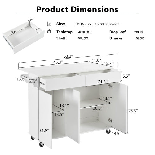Bellemave® 53.2" Rolling Kitchen Island on Wheels with Adjustable Shelves, Drop Leaf and Spice Rack, Towel Rack and 2 Drawers - Bellemave