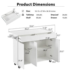 Bellemave® 53.2" Rolling Kitchen Island on Wheels with Adjustable Shelves, Drop Leaf and Spice Rack, Towel Rack and 2 Drawers - Bellemave