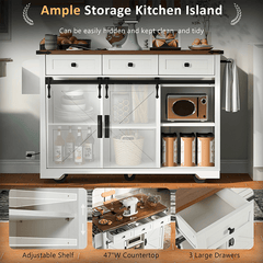 Bellemave® 53.7" Farmhouse Kitchen Island on 5 Wheels with Drop Leaf, Power Outlet, 2 Sliding Barn Door , Spice Rack - Bellemave