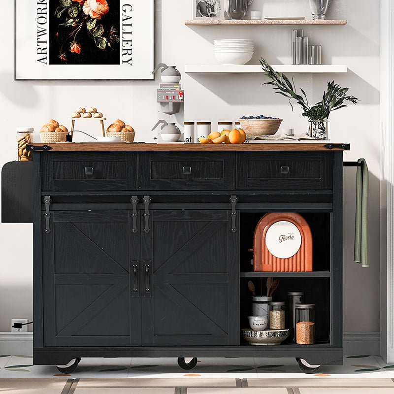 Bellemave® 53.7" Farmhouse Kitchen Island on 5 Wheels with Drop Leaf, Power Outlet, 2 Sliding Barn Door , Spice Rack - Bellemave