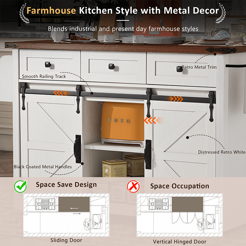 Bellemave® 53.7" Farmhouse Kitchen Island on 5 Wheels with Drop Leaf, Power Outlet, 2 Sliding Barn Door , Spice Rack - Bellemave