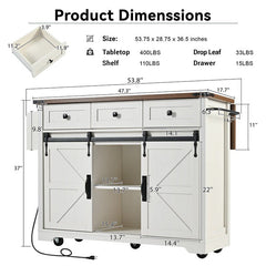 Bellemave® 53.7" Farmhouse Kitchen Island on 5 Wheels with Drop Leaf, Power Outlet, 2 Sliding Barn Door , Spice Rack - Bellemave