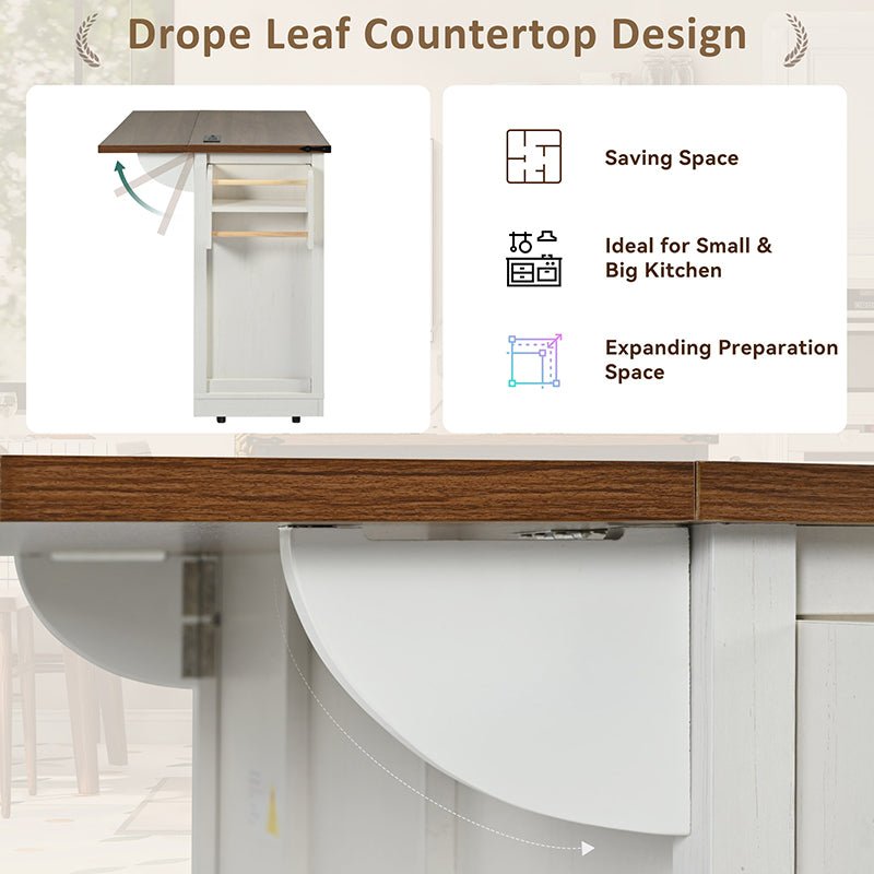 Bellemave® 53.7" Farmhouse Kitchen Island on 5 Wheels with Drop Leaf, Power Outlet, 2 Sliding Barn Door , Spice Rack - Bellemave