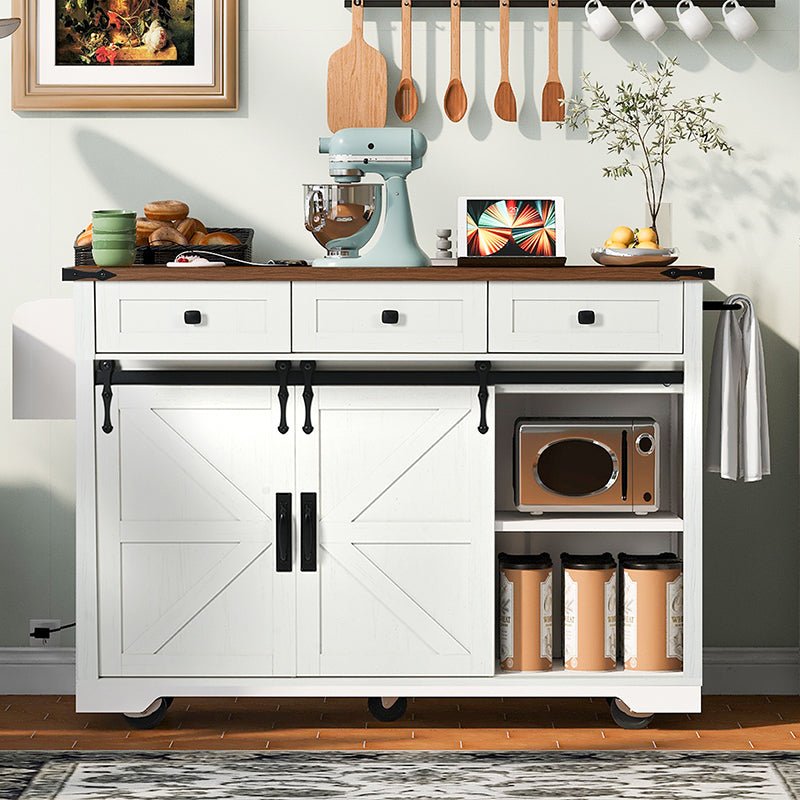 Bellemave® 53.7" Farmhouse Kitchen Island on 5 Wheels with Drop Leaf, Power Outlet, 2 Sliding Barn Door , Spice Rack - Bellemave