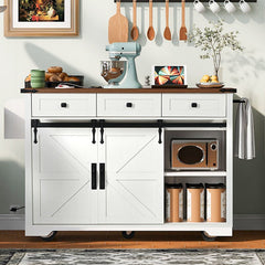 Bellemave® 53.7" Farmhouse Kitchen Island on 5 Wheels with Drop Leaf, Power Outlet, 2 Sliding Barn Door , Spice Rack - Bellemave