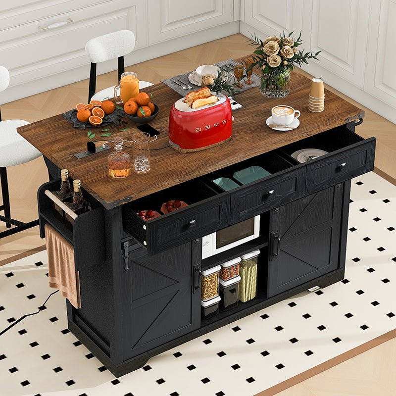 Bellemave® 53.7" Farmhouse Kitchen Island on 5 Wheels with Drop Leaf, Power Outlet, 2 Sliding Barn Door , Spice Rack - Bellemave