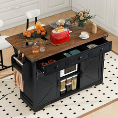 Bellemave® 53.7" Farmhouse Kitchen Island on 5 Wheels with Drop Leaf, Power Outlet, 2 Sliding Barn Door , Spice Rack - Bellemave