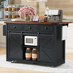 Bellemave® 53.7" Farmhouse Kitchen Island on 5 Wheels with Drop Leaf, Power Outlet, 2 Sliding Barn Door , Spice Rack - Bellemave