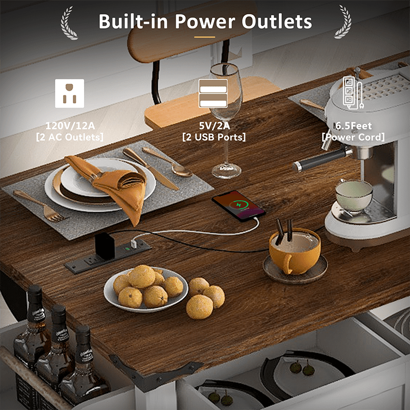 Bellemave® 53.7" Farmhouse Kitchen Island on 5 Wheels with Drop Leaf, Power Outlet, 2 Sliding Barn Door , Spice Rack - Bellemave