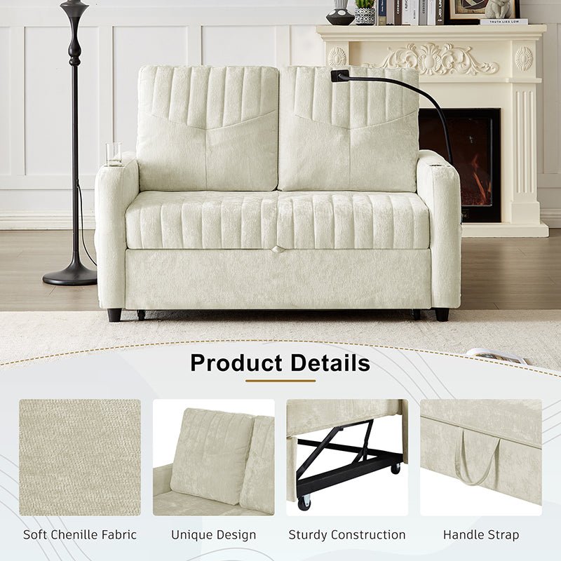 Bellemave® 53.9" Modern Loveseat Pull - out Sofa Bed with Adjustable Backrest, Two Cup Holders , a Phone Holder, Three Charging Ports and Side Storage Pockets - Bellemave