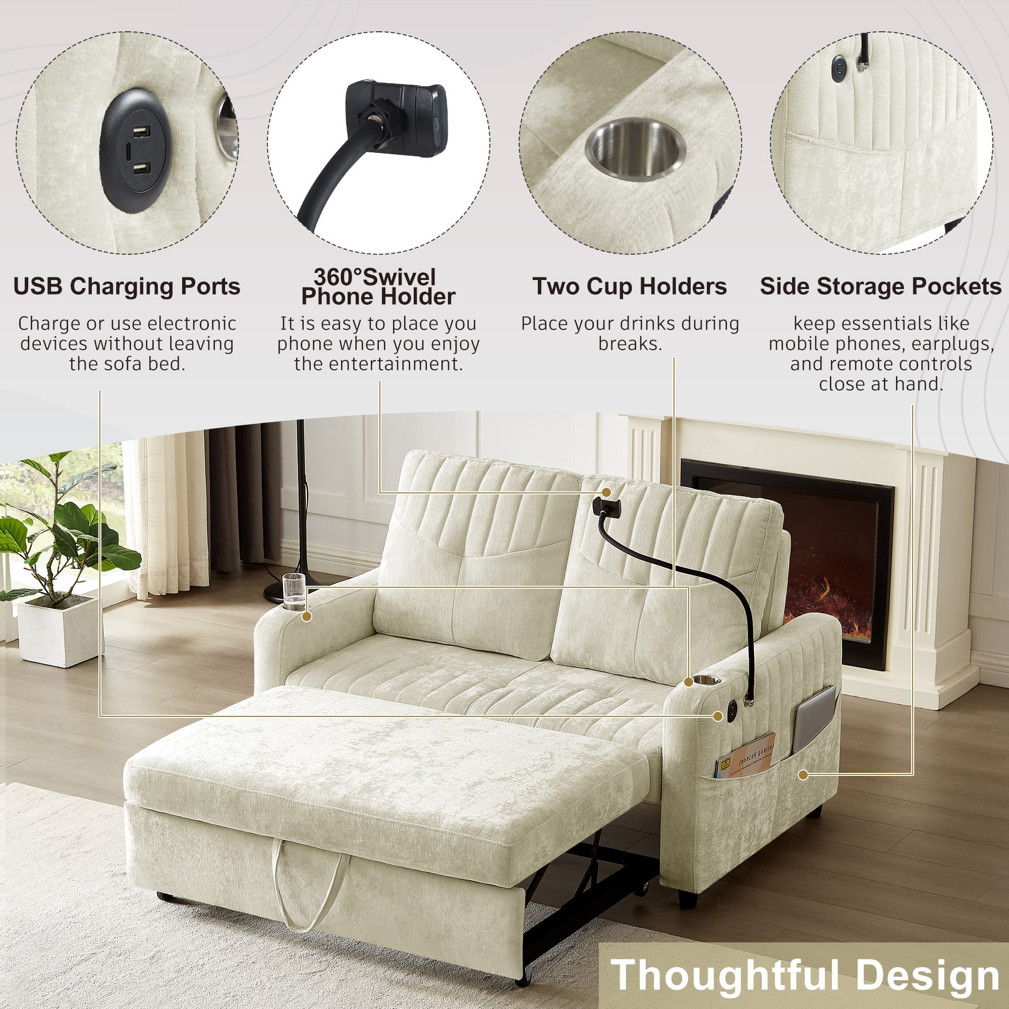 Bellemave® 53.9" Modern Loveseat Pull - out Sofa Bed with Adjustable Backrest, Two Cup Holders , a Phone Holder, Three Charging Ports and Side Storage Pockets - Bellemave