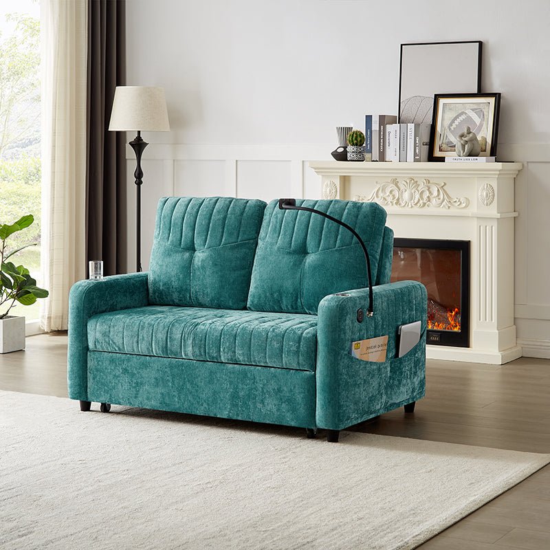 Bellemave® 53.9" Modern Loveseat Pull - out Sofa Bed with Adjustable Backrest, Two Cup Holders , a Phone Holder, Three Charging Ports and Side Storage Pockets - Bellemave