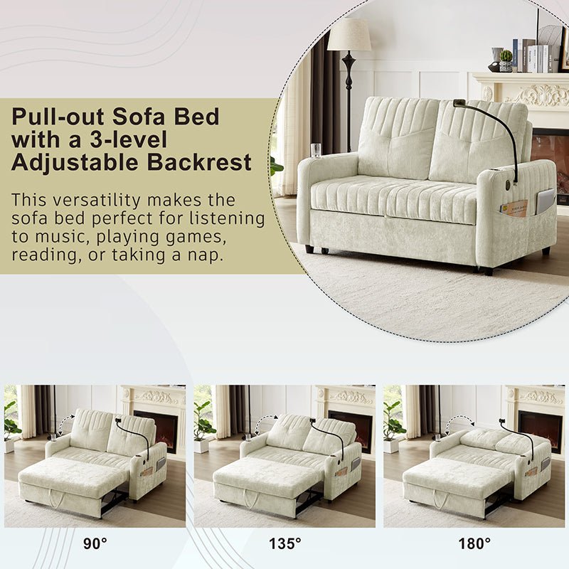 Bellemave® 53.9" Modern Loveseat Pull - out Sofa Bed with Adjustable Backrest, Two Cup Holders , a Phone Holder, Three Charging Ports and Side Storage Pockets - Bellemave